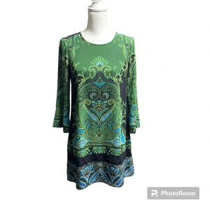 Ruff Hewn Grey dress black/green shift bell sleeves size XS fully lined